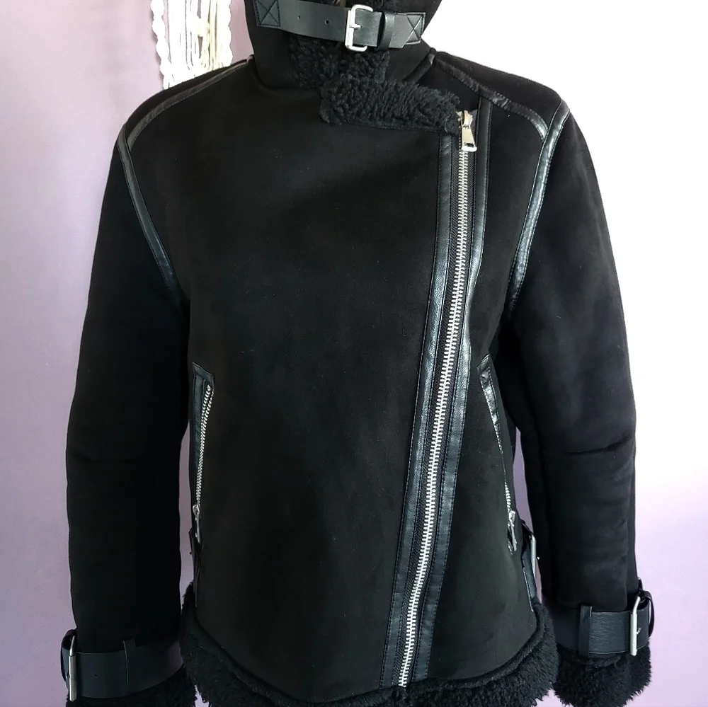 Zara Black Faux Suede Sherpa Lined Oversized Buckle Aviator Bomber Jacket Coat - Picture 10 of 14